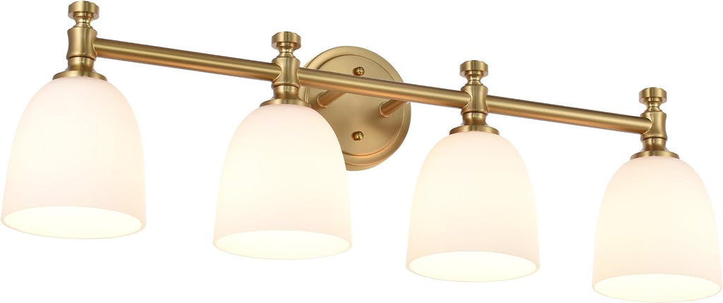 Gold Bathroom Vanity Light, 4-Light Bathroom Light Fixtures Over Mirror, Traditional Vanity Lights for Living Room, Milk White Bell Glass Shades, Standard E26 Base, Aged Brass