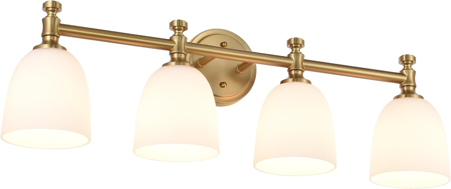 Gold Bathroom Vanity Light, 4-Light Bathroom Light Fixtures Over Mirror, Traditional Vanity Lights for Living Room, Milk White Bell Glass Shades, Standard E26 Base, Aged Brass