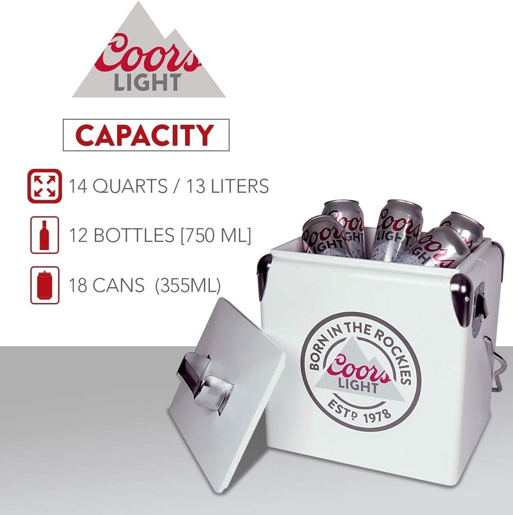 Coors Light Ice Chest Cooler - Portable Ice Bucket with Bottle Opener, Vintage Style, Insulated for Camping, Beach, Picnic, RV, BBQs, Tailgating, Fishing, Steel-Belted 18 Can Ice Box, 13L (14 qt)