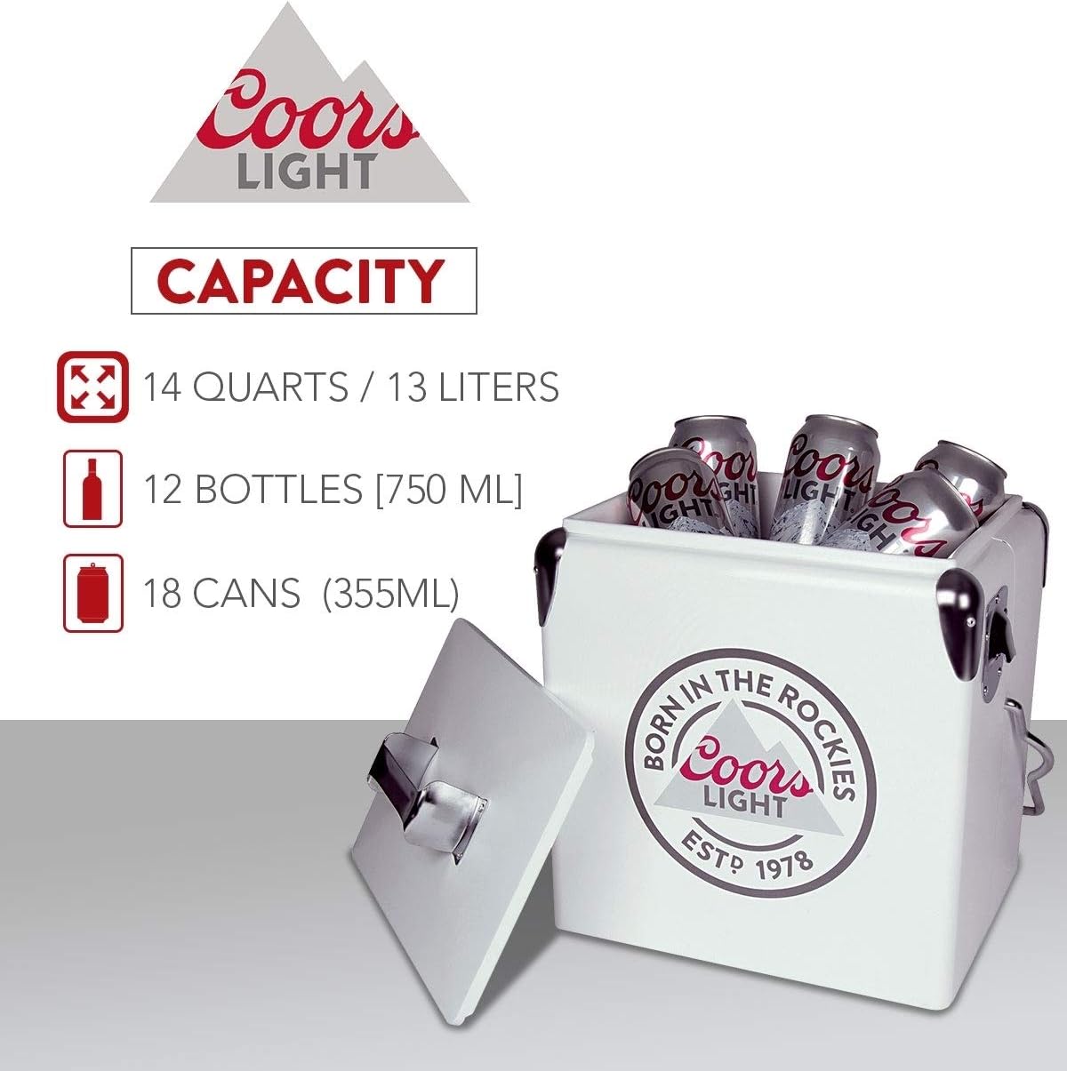 Coors Light Ice Chest Cooler - Portable Ice Bucket with Bottle Opener, Vintage Style, Insulated for Camping, Beach, Picnic, RV, BBQs, Tailgating, Fishing, Steel-Belted 18 Can Ice Box, 13L (14 qt)