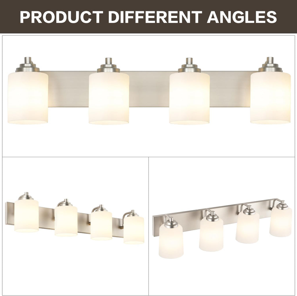 SOLFART Brushed Nickel Bathroom Vanity Light Vintage 4 Light Wall Light with Milky White Globes, 4 Lights Modern Over Mirror Lighting Fixture for Bathroom
