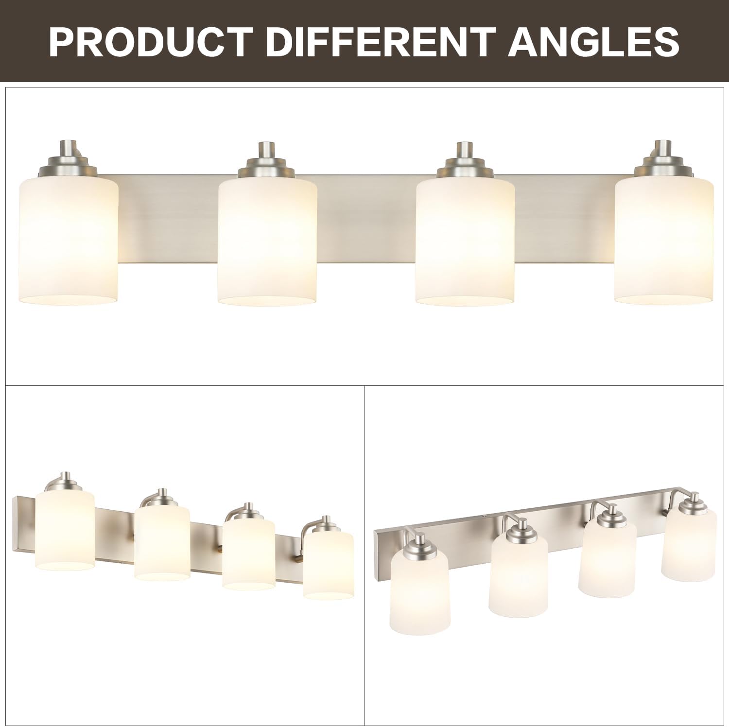 SOLFART Brushed Nickel Bathroom Vanity Light Vintage 4 Light Wall Light with Milky White Globes, 4 Lights Modern Over Mirror Lighting Fixture for Bathroom