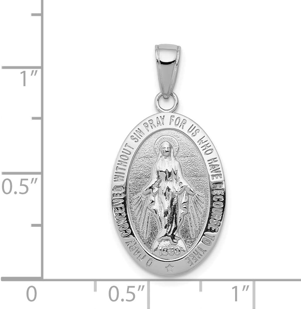 14K White Gold White Miraculous Medal High Polish and Satin Finish - Oval Shape Pendant