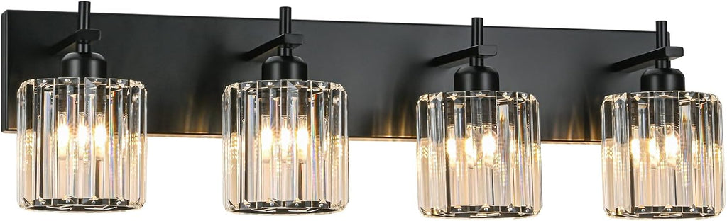 Black Crystal Bathroom Vanity Lights, Modern 4-Lights Bathroom Lighting Fixtures Over Mirror, Crystal Wall Lighting with Round Shade