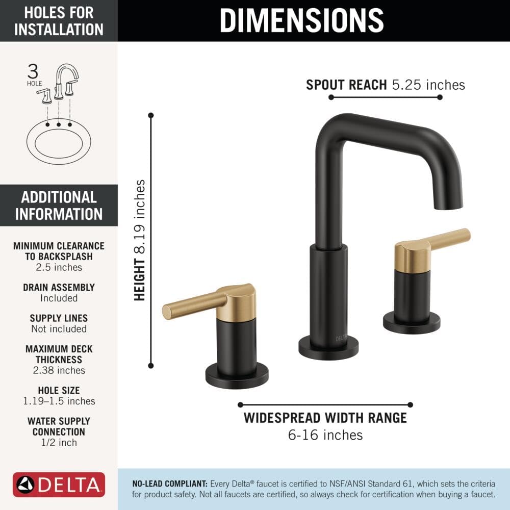 Delta Nicoli Matte Black/ Brushed Gold Faucet 3 Hole, 8 Inch Widespread Bathroom Sink Faucet for Vanity, Push-Pop Drain Assembly, Matte Black/ Champagne Bronze 35849LF-GZ