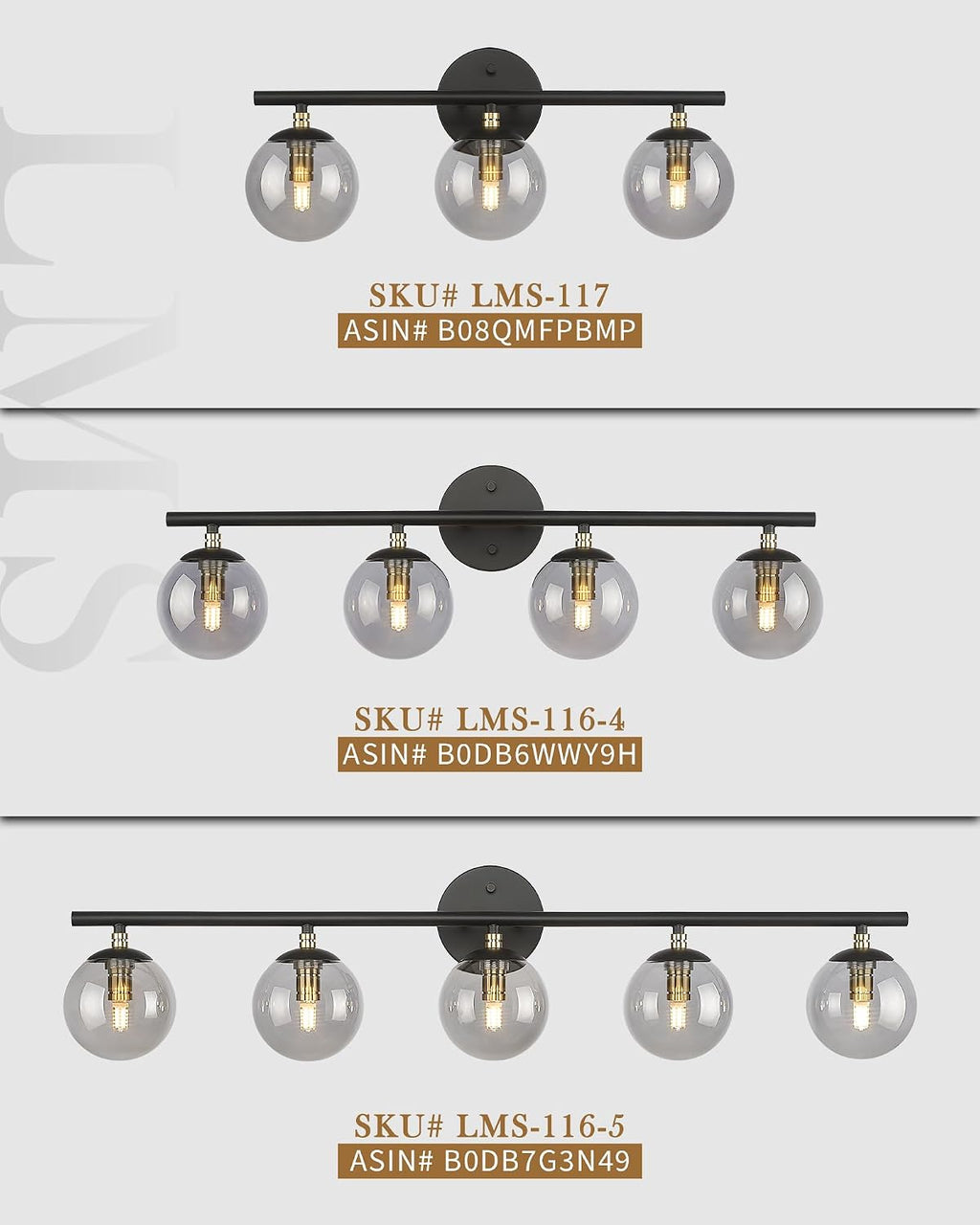 LMS 5-Light Matte Black Vanity Light, Modern Bathroom Lighting Over Mirror, Black and Brass Gold Finish with Globe Glass Shade, LMS-116-5