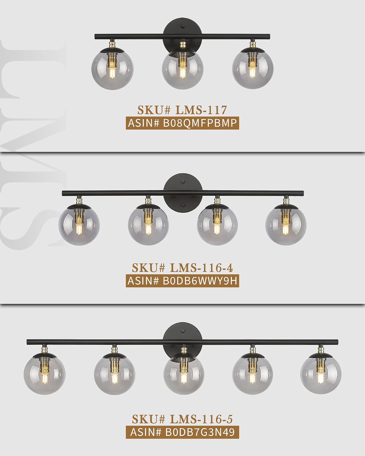 LMS 5-Light Matte Black Vanity Light, Modern Bathroom Lighting Over Mirror, Black and Brass Gold Finish with Globe Glass Shade, LMS-116-5