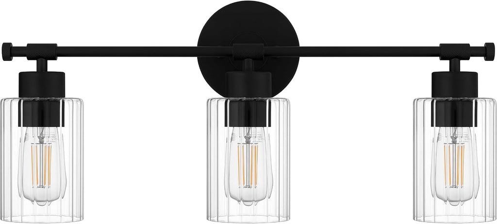 Quoizel Caputo Bath Vanity Lights, 24 Inch 3-Light Matte Black Lighting Fixtures Over Mirror, Clear Ribbed Glass, 100W, Modern Industrial Wall Mount Light for Bathroom, Dresser or Sink