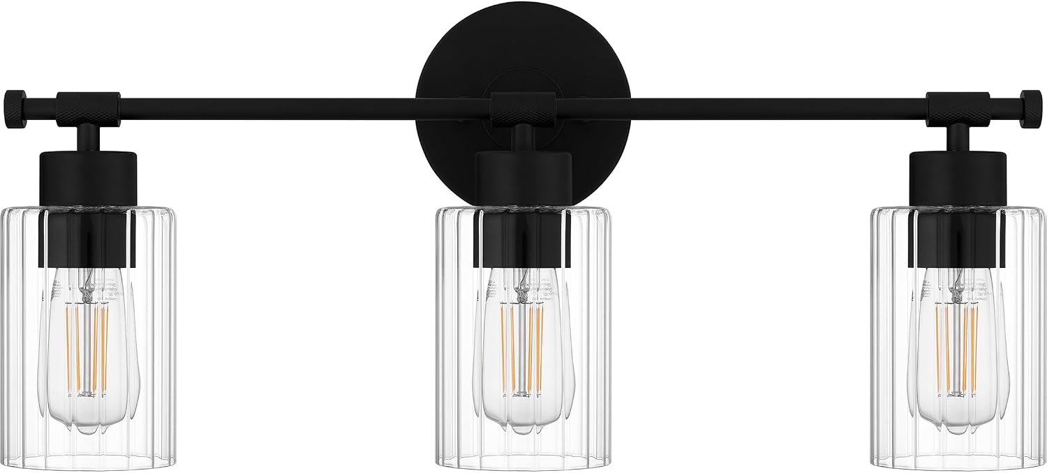 Quoizel Caputo Bath Vanity Lights, 24 Inch 3-Light Matte Black Lighting Fixtures Over Mirror, Clear Ribbed Glass, 100W, Modern Industrial Wall Mount Light for Bathroom, Dresser or Sink