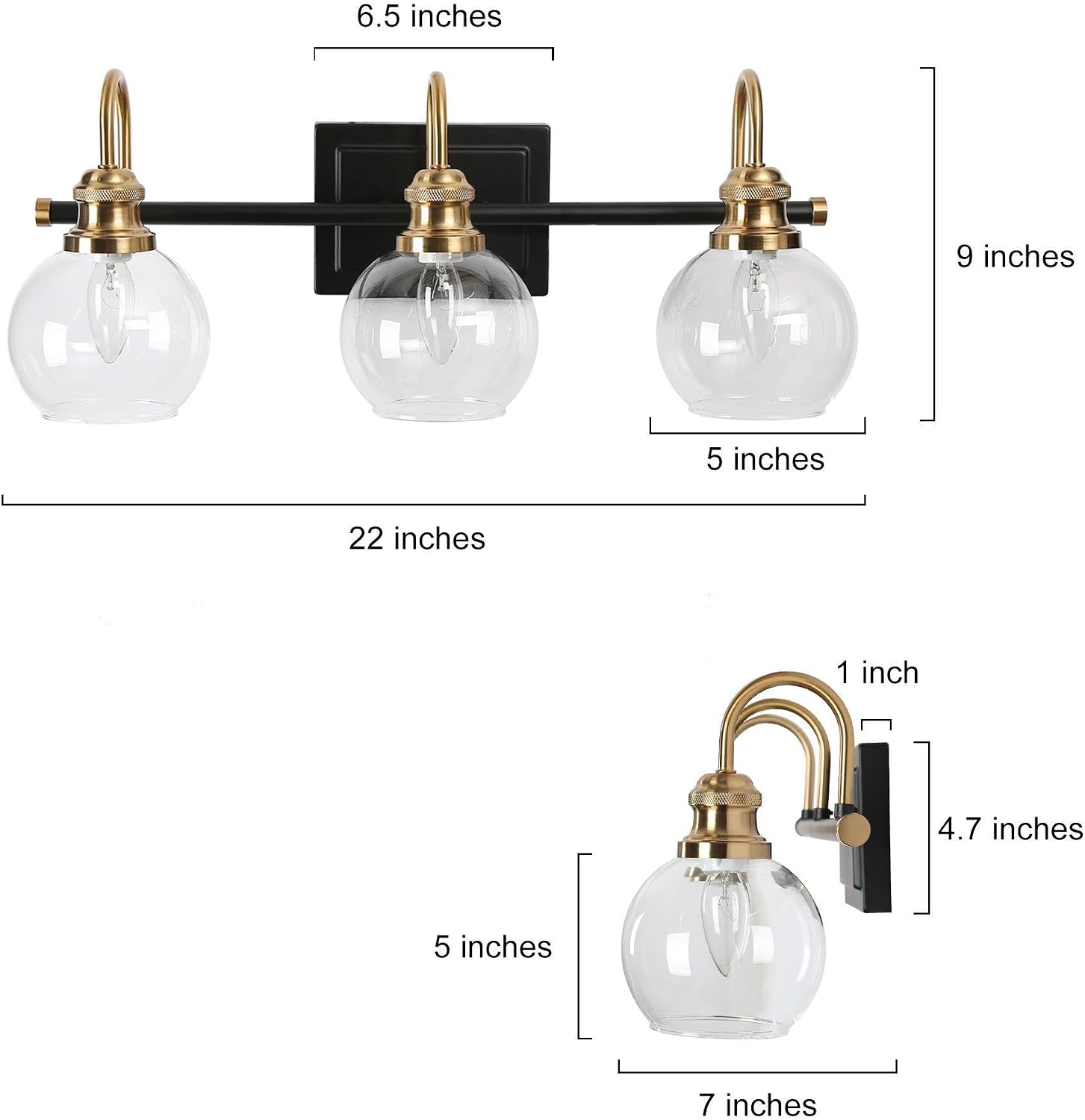 KSANA Black Gold Vanity Light, Modern 3-Light Bathroom Light Fixture with Clear Glass Globes, Electroplating Brass 22'L Vanity Lighting Over Mirror