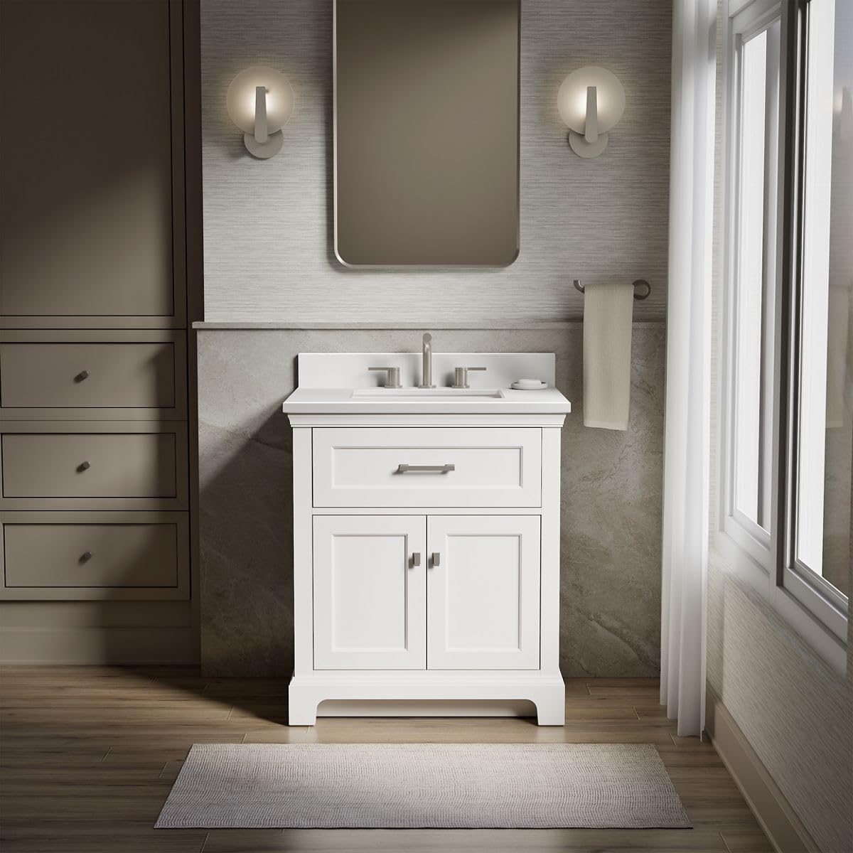 Kohler Charlemont 30' Bathroom Vanity Cabinet with White Sink and Quartz Top, Modern Bathroom Storage, White, K-29260-BD1-0