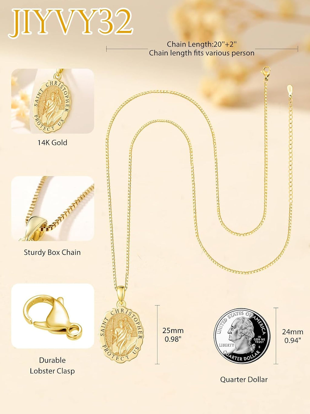14K Gold Saint Medal Necklace for Women, Catholic Patron Saint Pendant Necklace, Christian Religious Jewelry Gift for Confirmation Baptism Communion Christmas Birthday