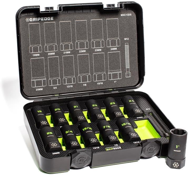 GripEdge | 13-PC 1/2' Drive Deep Metric & SAE Master Socket Extractor Set| Includes sizes - 19-25mm & 3/4-1' | Includes Premium Plastic Case With Foam Insert |