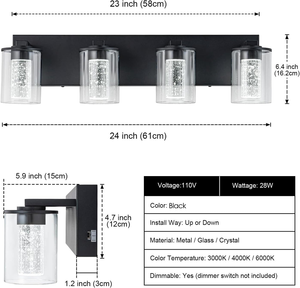 SineRise Black Vanity Light (4-Light, 24-Inch), (3000K/4000K/6000K, Dimmable), Eye Protection LED Bathroom Light Fixture, Modern Wall Light Over Mirror with Clear Glass Shade