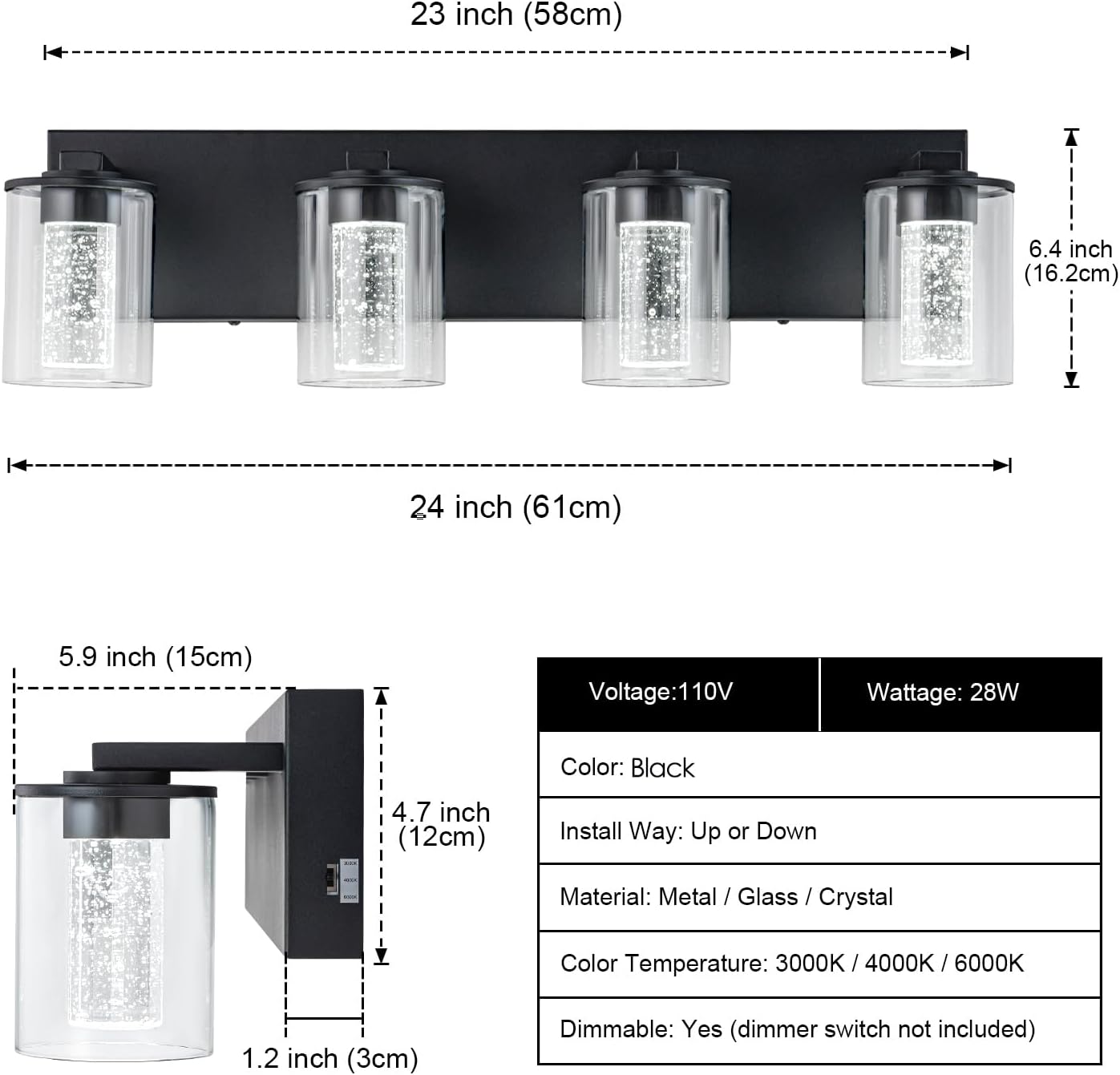 SineRise Black Vanity Light (4-Light, 24-Inch), (3000K/4000K/6000K, Dimmable), Eye Protection LED Bathroom Light Fixture, Modern Wall Light Over Mirror with Clear Glass Shade