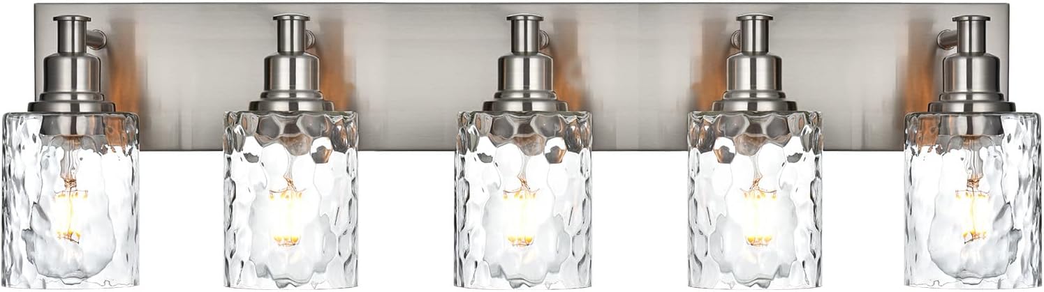 BONLICHT 5 Lights Sconces Wall Lighting Brushed Nickel with Hammered Glass Shade, Industrial Bathroom Light Fixtures Vanity Lights Porch Light Fixtures Classic Metal Wall Mount Lamp Over Mirror