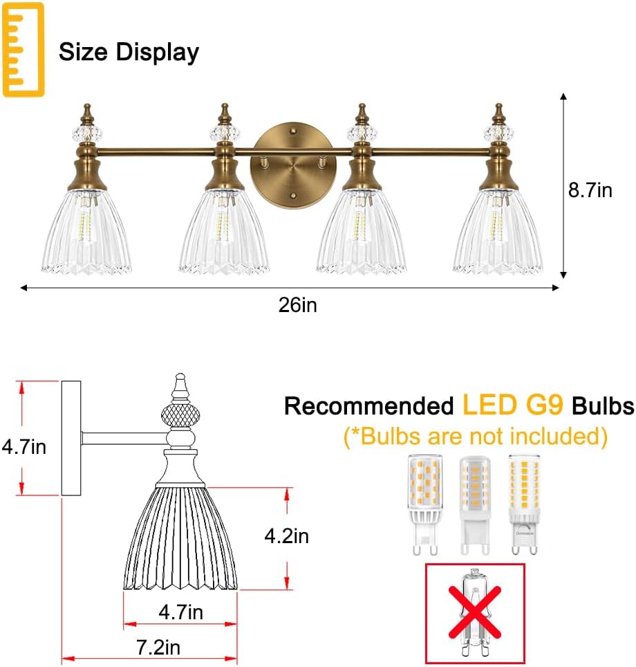 Large Bathroom Vanity Light 4 Lights, 26 Inch Brushed Gold Vintage Vanity Light Fixture with Clear Glass Shades, G9 Base Wall Mounted Light for Oversized Mirror, Luxury Bathroom, Master Bedroom