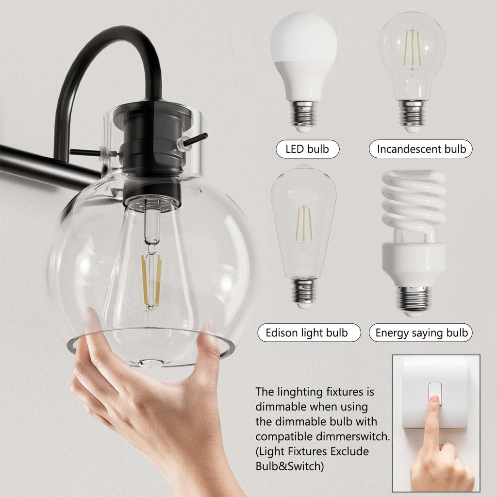 Matte Black Bathroom Vanity Light Fixtures, 4 Light Vanity Lighting Fixtures with Clear Glass Shade, E26 Base, UL Certification (Exclude Bulb)