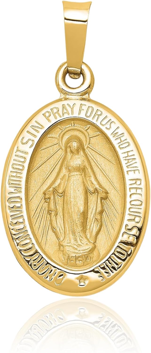 IceCarats 14K Yellow Gold Medium Oval Our Lady of Grace Miraculous Medal, Virgin Mary Pendant Necklace 23mm 7/8 inch Lightweight, Polished, Satin For Her