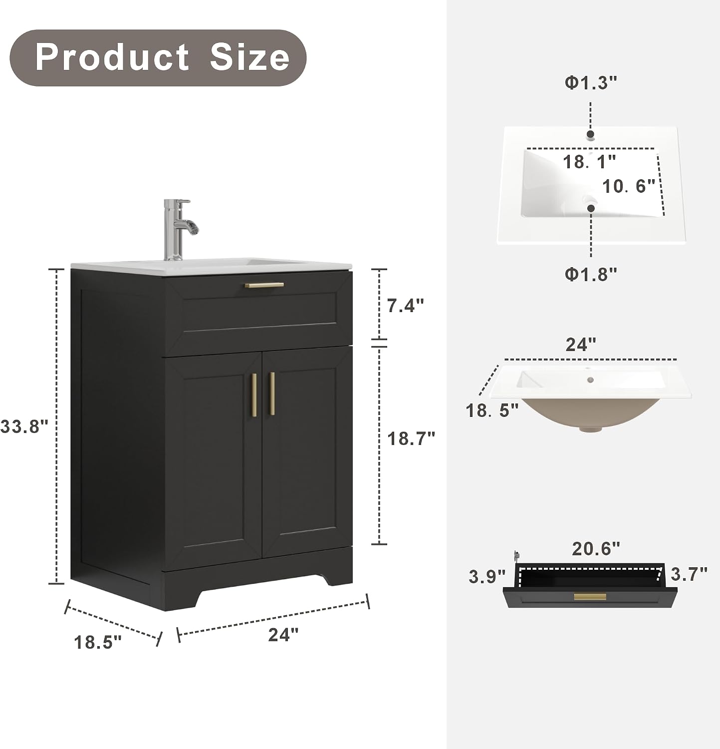 KIGOTY 24' Modern Bathroom Vanity with Ceramic Sink, Wooden Bathroom Storage Cabinet and Sink Combo Set, Freestanding Vanity Sink Cabinet with Faucet, Drawer and Soft-Closing Door (Black)