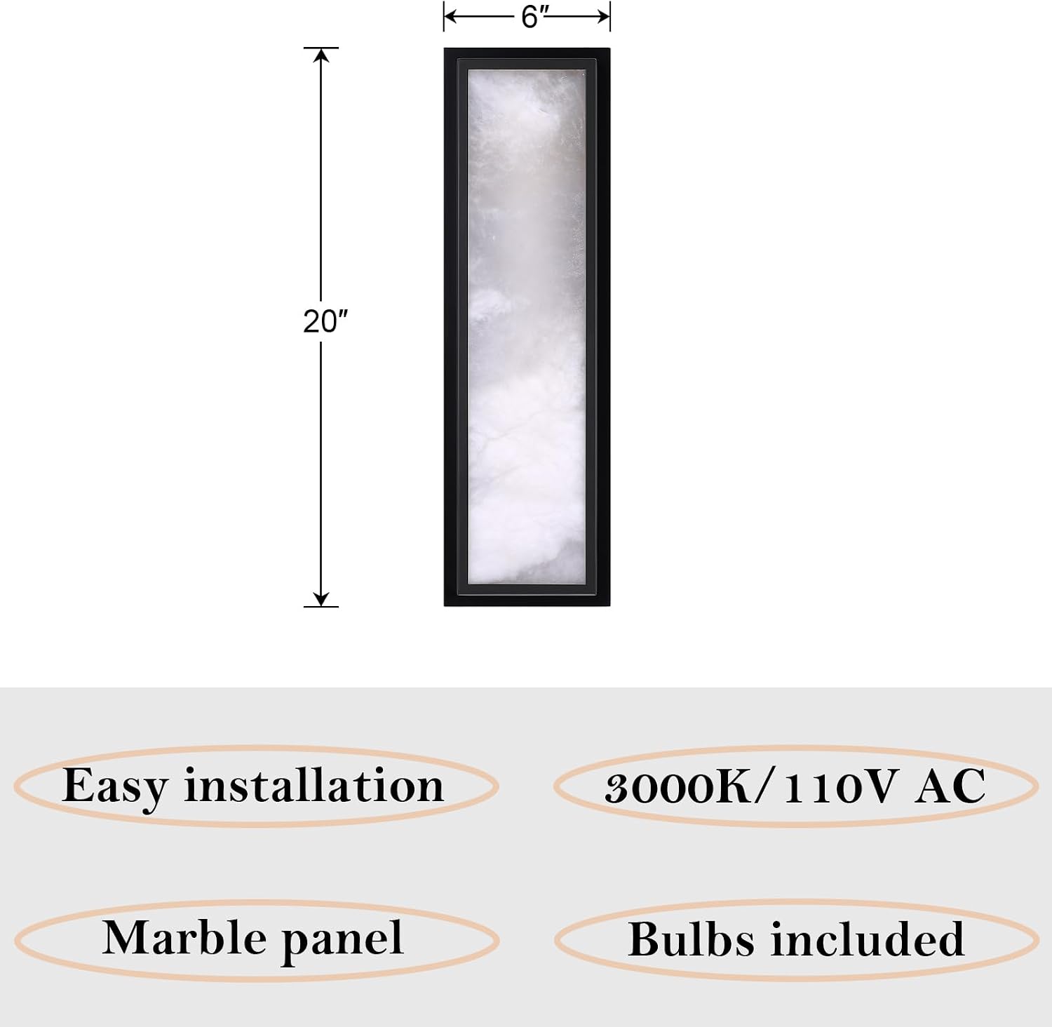 2 Pack 20 Inch Natural Alabaster Bathroom 20W-3000K LED Home Wall Sconce Modern Concise Style Wall Light Fixture,Black Finish for Bedroom Hallway Bedside Living Room
