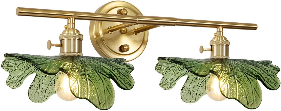 Green Bathroom Lighting Fixtures Over Mirror, Vintage Wall Sconces with Glass Shade Flower Vanity Lights Mid Century Wall Sconce Light Gold Wall Lighting for Bedroom Living Room Hallway