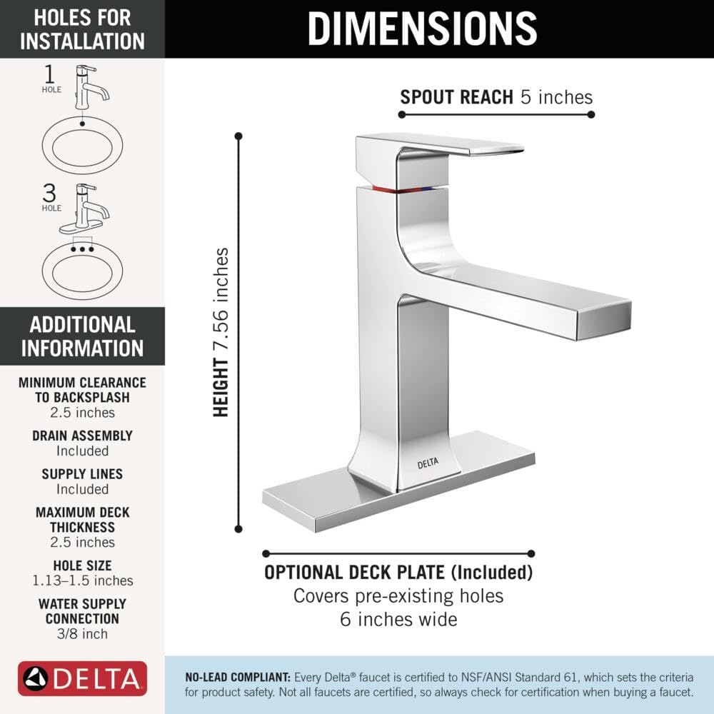 Delta Velum Chrome Bathroom Faucet 1 Hole, Single Hole Bathroom Sink Faucet for Vanity, Metal Push-Pop Drain Assembly, Chrome 537-MPU-DST