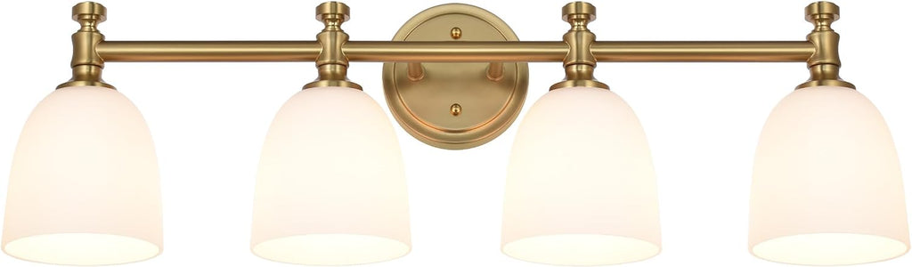 Gold Bathroom Vanity Light, 4-Light Bathroom Light Fixtures Over Mirror, Traditional Vanity Lights for Living Room, Milk White Bell Glass Shades, Standard E26 Base, Aged Brass