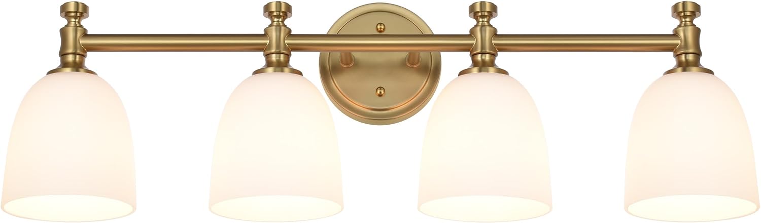 Gold Bathroom Vanity Light, 4-Light Bathroom Light Fixtures Over Mirror, Traditional Vanity Lights for Living Room, Milk White Bell Glass Shades, Standard E26 Base, Aged Brass
