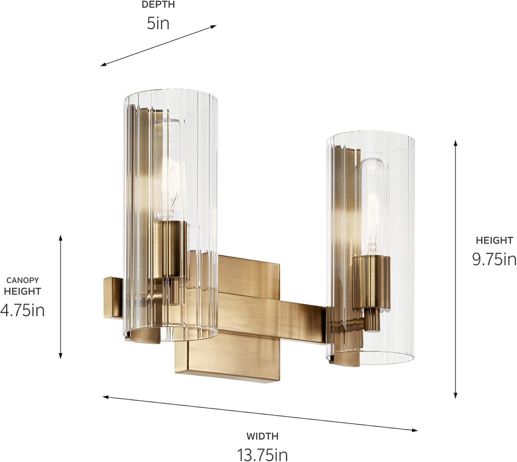 Kichler Jemsa 2-Light Modern Bathroom Vanity Light Fixture with Clear Fluted Glass in Champagne Bronze for Bathroom or Powder Room Wall Mount (9.75 in x 13.75 in), 55167CPZ