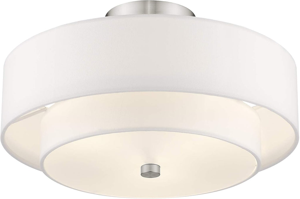 Livex Lighting 51044-91 Brushed Nickel Flush Mount with Off-White Fabric Hardback Shade