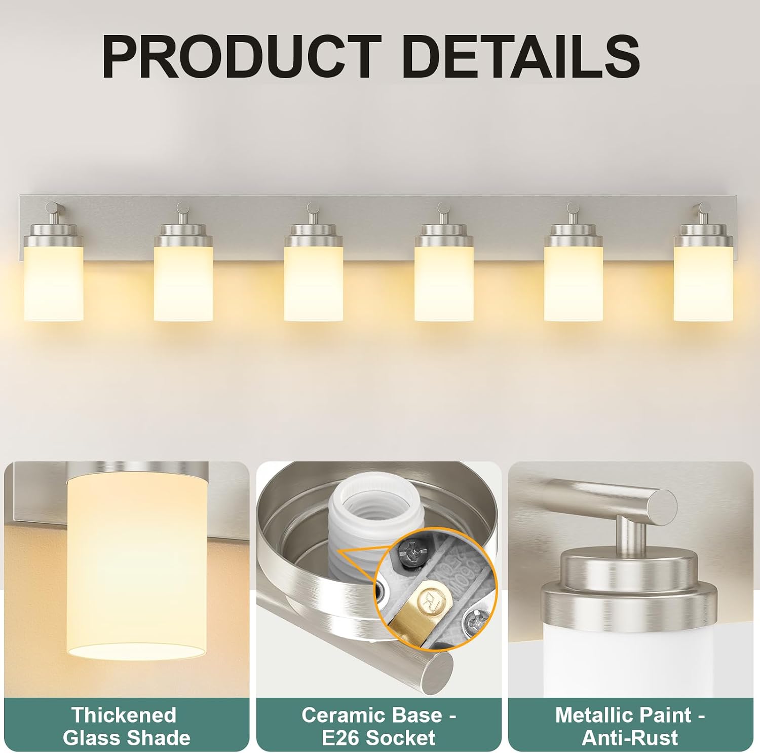 IZORRO Bathroom Vanity Light Fixture, 6-Light 46 Inch Brushed Nickel Bathroom Light Fixtures Over Mirror, with White Glass Shade, Modern Farmhouse Vanity Lights, Rustic Restroom Lighting Fixtures