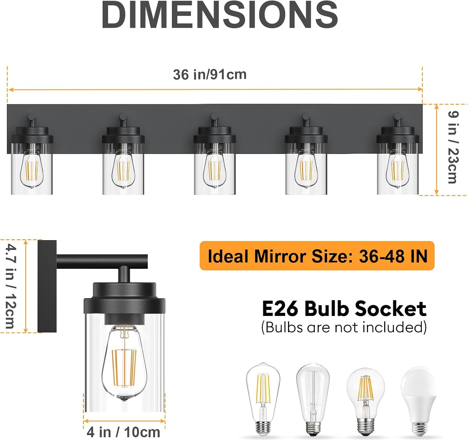 IZORRO Bathroom Vanity Light Fixture, 5-Light 36 Inch Matte Black Bathroom Light Fixtures Over Mirror, with Clear Glass Shade, Modern Farmhouse Vanity Lights, Rustic Restroom Lighting Fixtures
