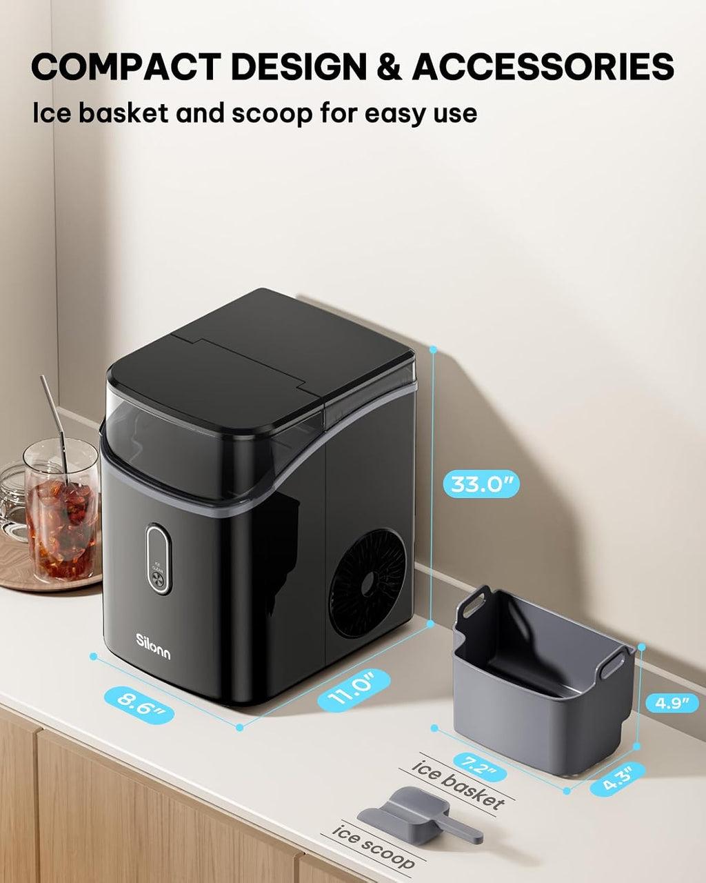 Silonn Nugget Ice Maker Countertop, Pebble Ice Makers with Crushed Soft Chewable Ice, 33lbs Per Day with Scoop, Pellet Portable Ice Machines with Auto-Cleaning for Home, Kitchen, Office, Black