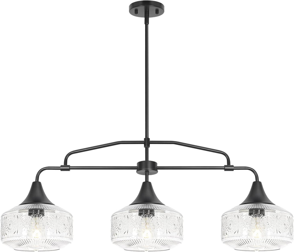 Farmhouse Kitchen Island Lighting, Black 3-Light Island Light for Kitchen, Adjustable Dining Room Light Fixture Over Table, Linear Chandelier Pendant Lighting with Clear Glass for Living Room Sink