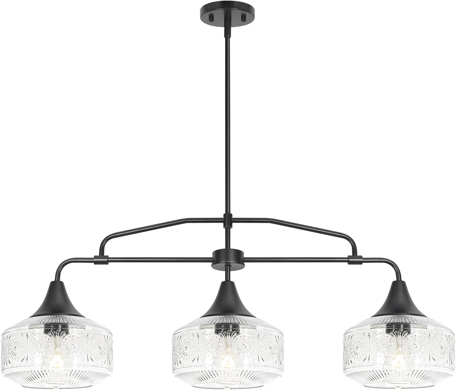 Farmhouse Kitchen Island Lighting, Black 3-Light Island Light for Kitchen, Adjustable Dining Room Light Fixture Over Table, Linear Chandelier Pendant Lighting with Clear Glass for Living Room Sink