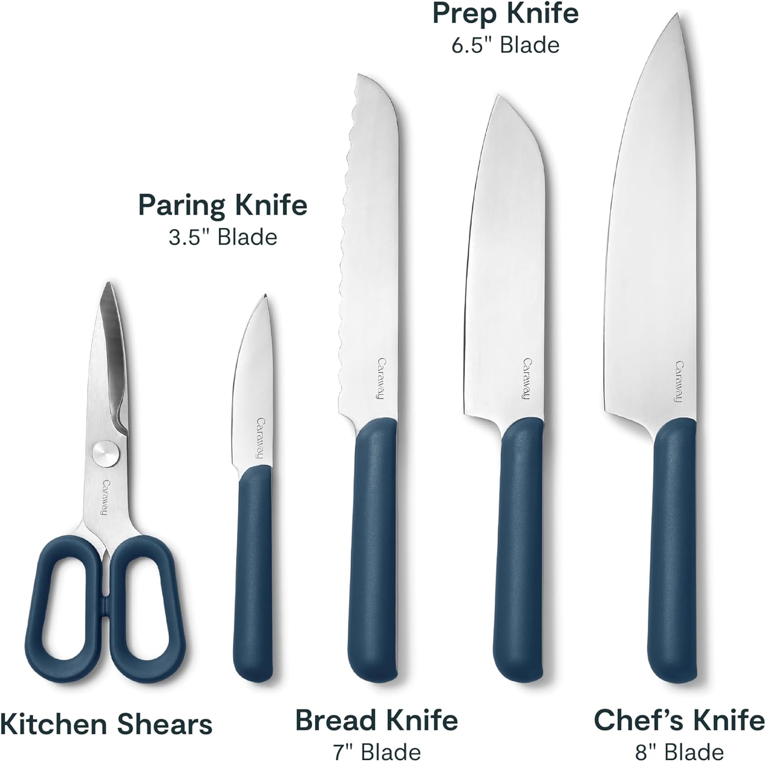 Caraway 5 Piece Knife Set - Premium German Steel Blade Kitchen Knives - Ergonomic Handles - No Microplastics - Navy