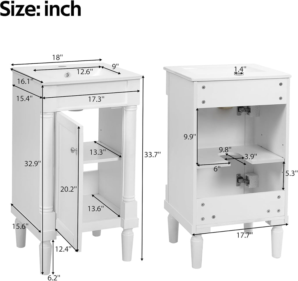 Virubi 18 Inch Bathroom Vanity with Sink, Small Bathroom Vanity for Powder Room, Adjustable Shelf and Soft-Close Door, Solid Wood Frame Bathroom Storage Cabinet(White)