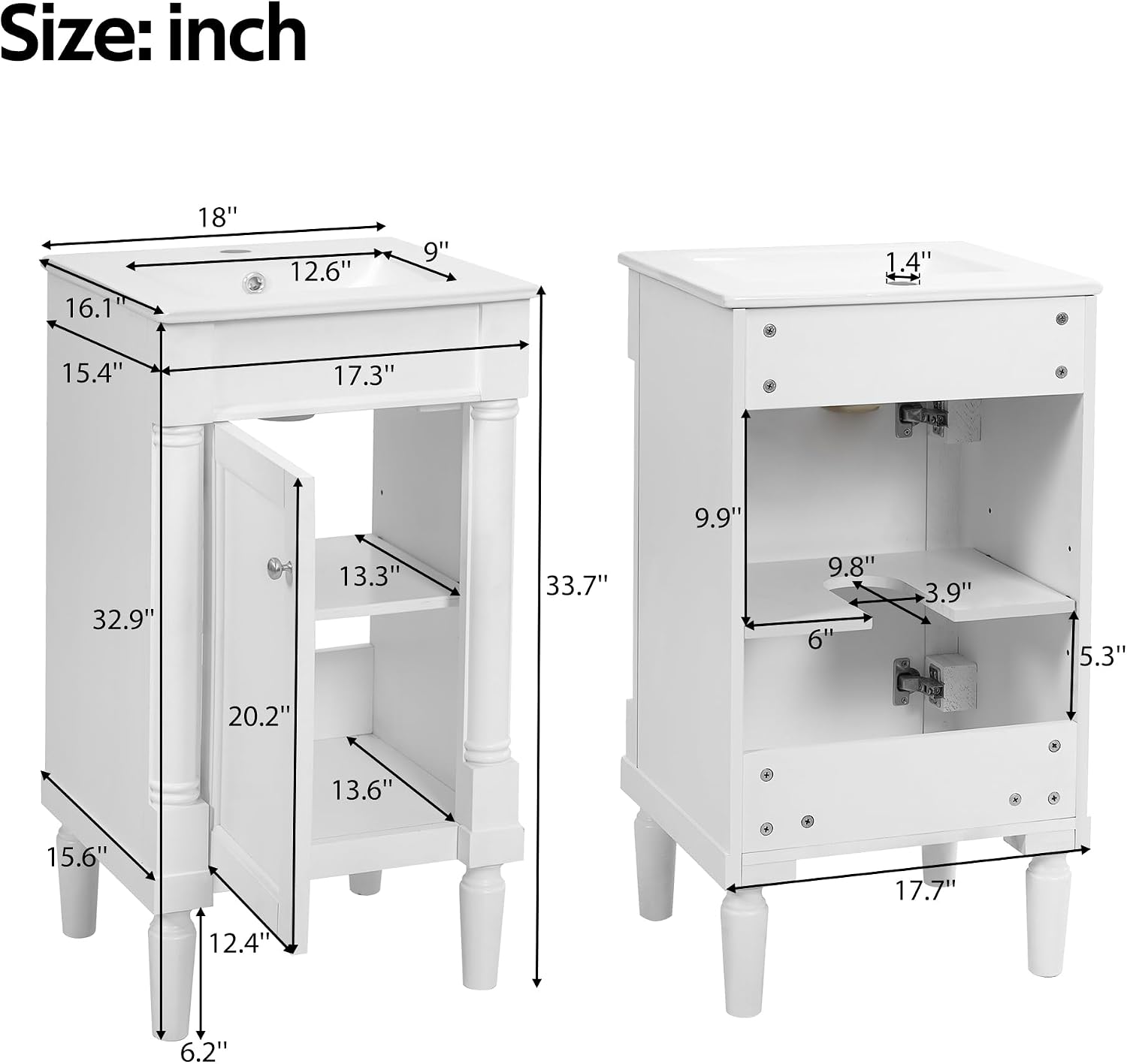 Virubi 18 Inch Bathroom Vanity with Sink, Small Bathroom Vanity for Powder Room, Adjustable Shelf and Soft-Close Door, Solid Wood Frame Bathroom Storage Cabinet(White)
