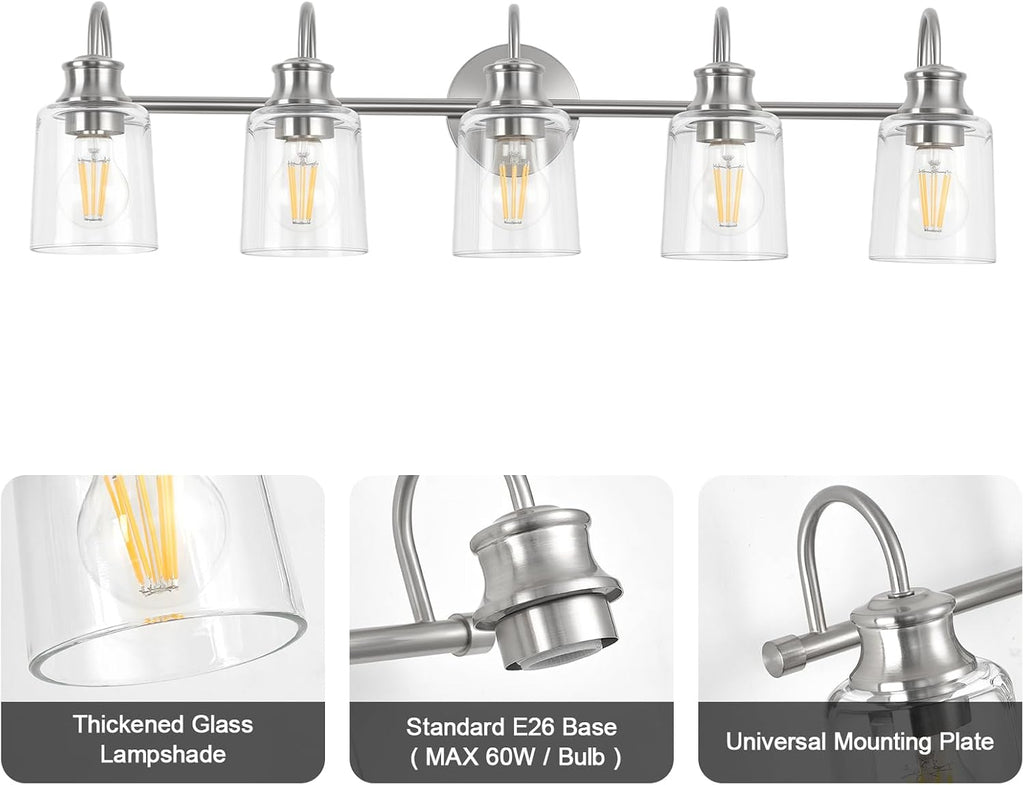 5 Lights Bathroom Light Fixtures Modern Brushed Nickel Vanity Lights for Bathroom Lighting Fixtures Over Mirror with Clear Glass Shade for Cabinet Mirror Bedroom Hallway