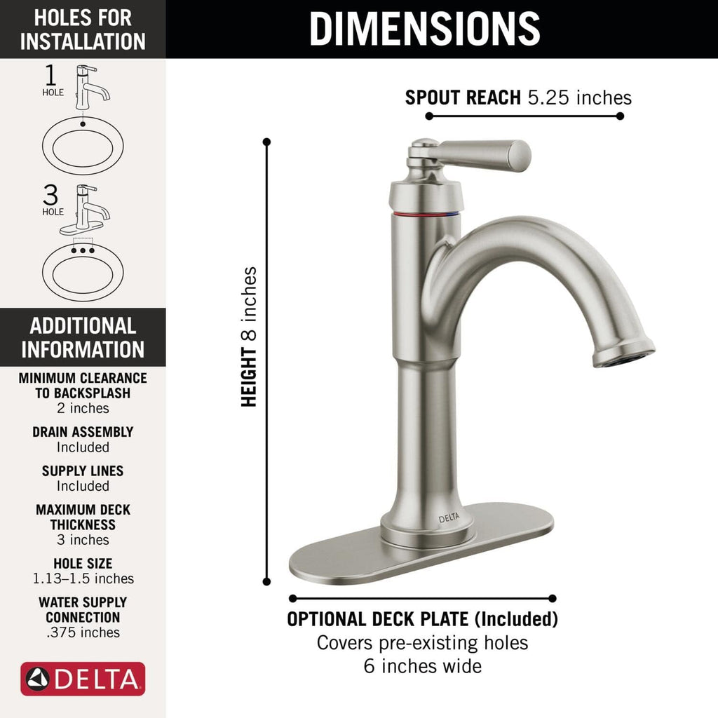 Delta Faucet Saylor Single Hole Bathroom Faucet Brushed Nickel, Single Handle Bathroom Faucet, Bathroom Sink Faucet, Diamond Seal Technology, Drain Assembly, Stainless 535-SSMPU-DST