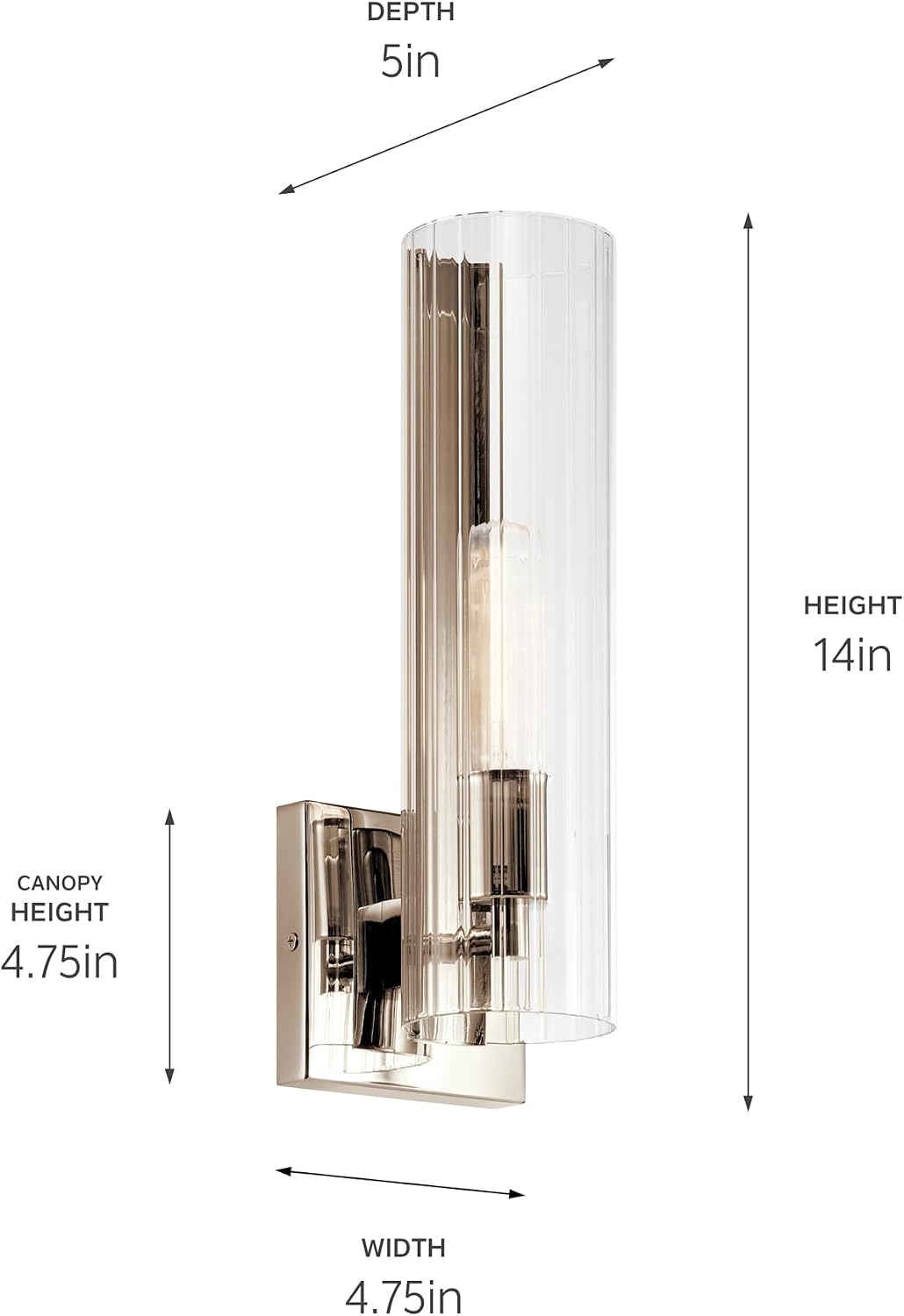 Kichler Jemsa 1 Light Wall Sconce, Modern Light with Clear Fluted Glass in Polished Nickel for Bathroom, Powder Room, Sides of Fireplace, Down a Hallway, Kitchen, or Bedroom (14' x 4.75'), 55165PN