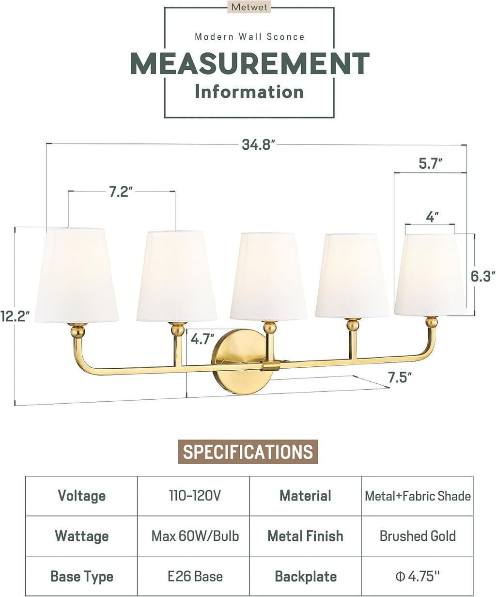 Bathroom Light Fixtures, 5 Light Brushed Gold Vanity Lights with Flared White Fabric Shade, 35 Inch Wall Sconce, Modern Sconces Wall Lighting for Hallway Bedroom, VL837-BG-5