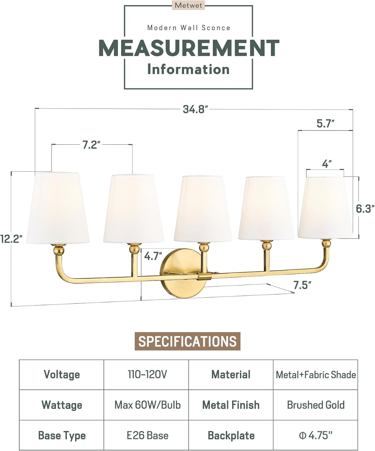 Bathroom Light Fixtures, 5 Light Brushed Gold Vanity Lights with Flared White Fabric Shade, 35 Inch Wall Sconce, Modern Sconces Wall Lighting for Hallway Bedroom, VL837-BG-5