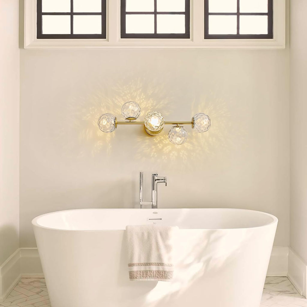 Gold Bathroom Vanity Light Fixtures: 5-Light Hammered Clear Glass Globe Light Fixture Bathroom Wall Sconce over Mirror - Mid Century Modern Gold Dimmable LED Brushed Brass Vanity Lighting Sconces