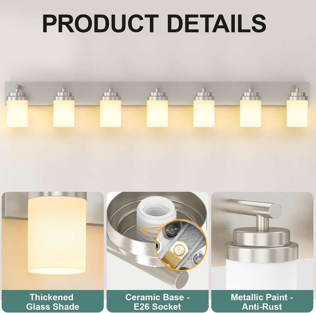 IZORRO Bathroom Vanity Light Fixture, 7-Light 52 inch Brushed Nickel Bathroom Light Fixtures Over Mirror, with White Glass Shade, Modern Farmhouse Vanity Lights, Rustic Restroom Lighting Fixtures