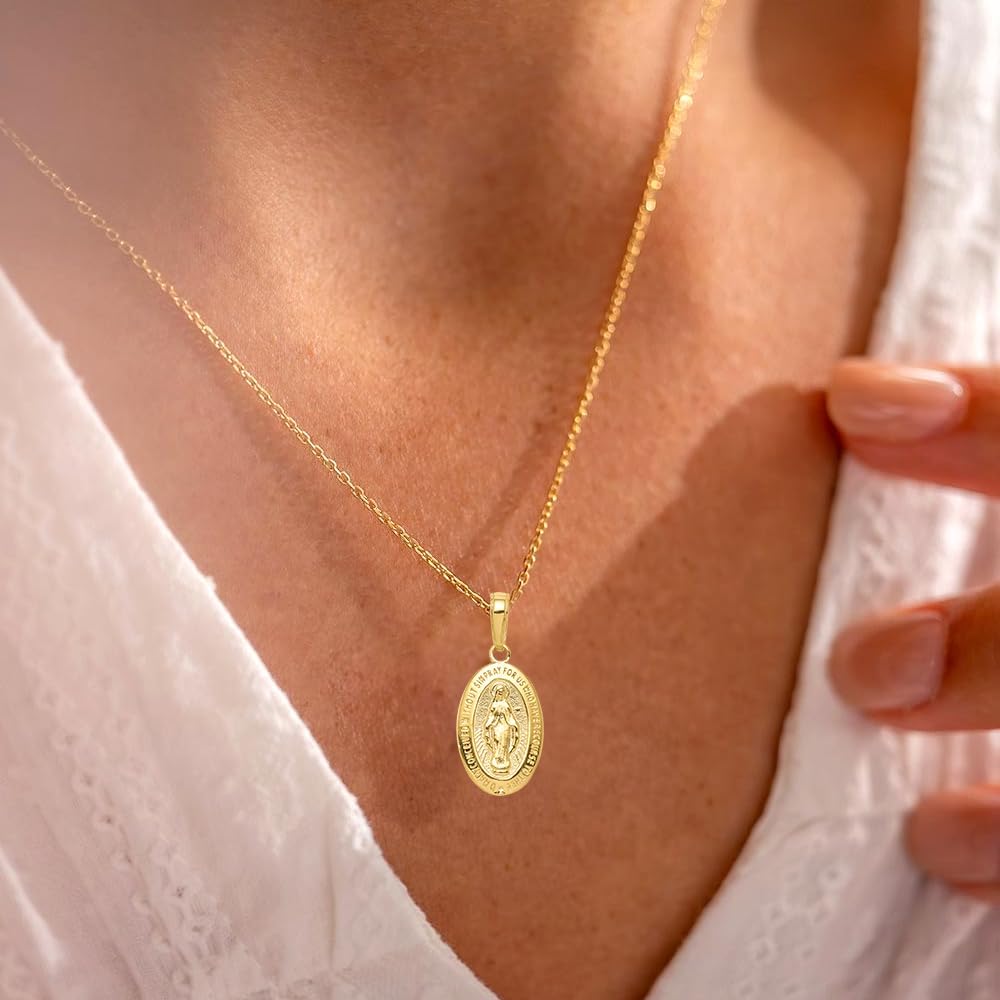 10K Yellow or White Gold Miraculous Medal Pendant (L- 0.95 Inch, W- 0.44 Inch)