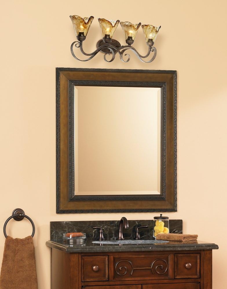 Franklin Iron Works Amber Scroll Rustic Vintage Wall Mount Light Golden Bronze Silver Metal 29 1/2' Wide 4-Light Vanity Fixture Organic Art Glass Shades Decor for Bathroom Over Mirror House Home