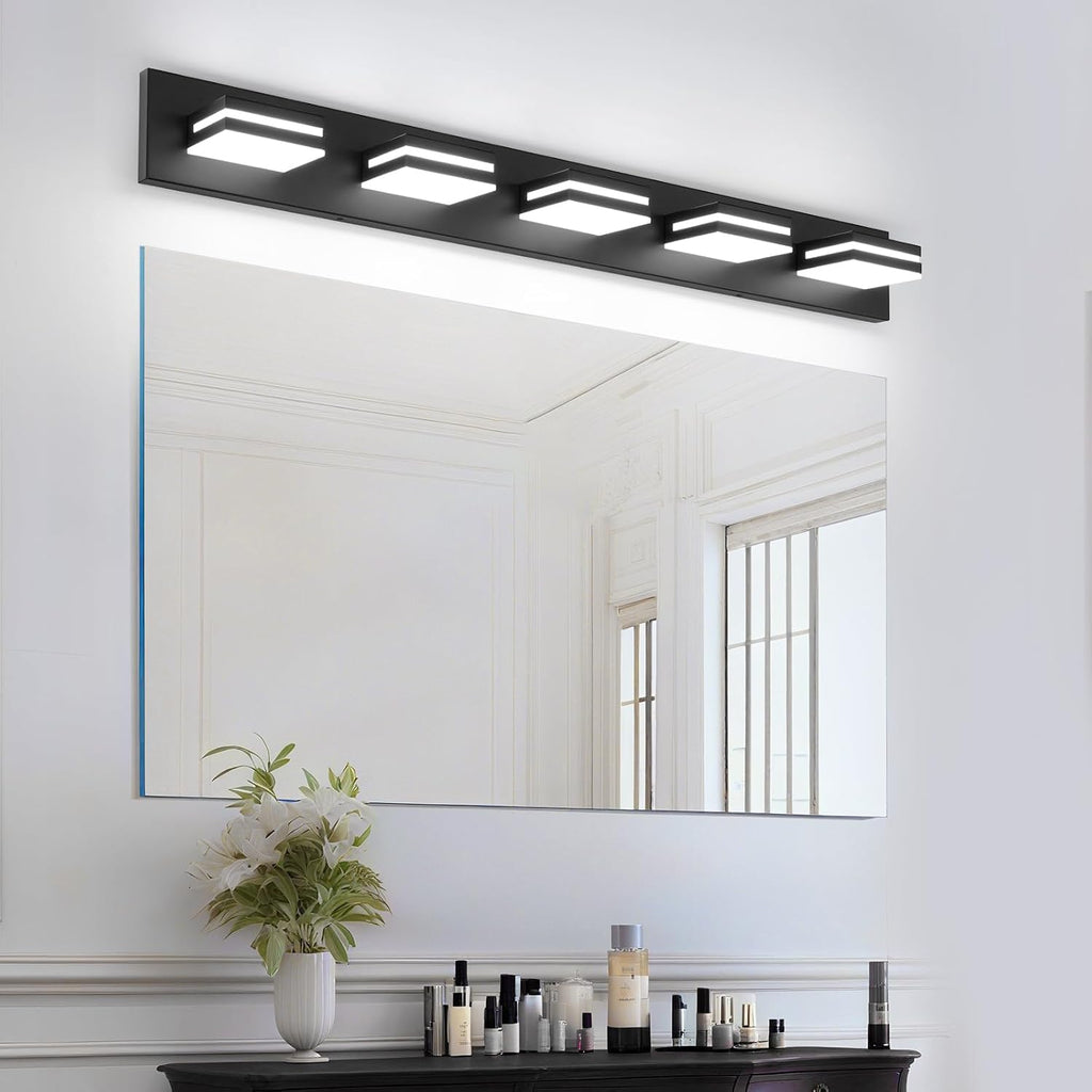 OKELI 5 Light Bathroom Vanity Light Matte Black Modern 36W LED Dimmable Vanity Light Over Mirror 350° Adjustable Lamp Head Cold White 6000K ETL Listed 36.2Inch