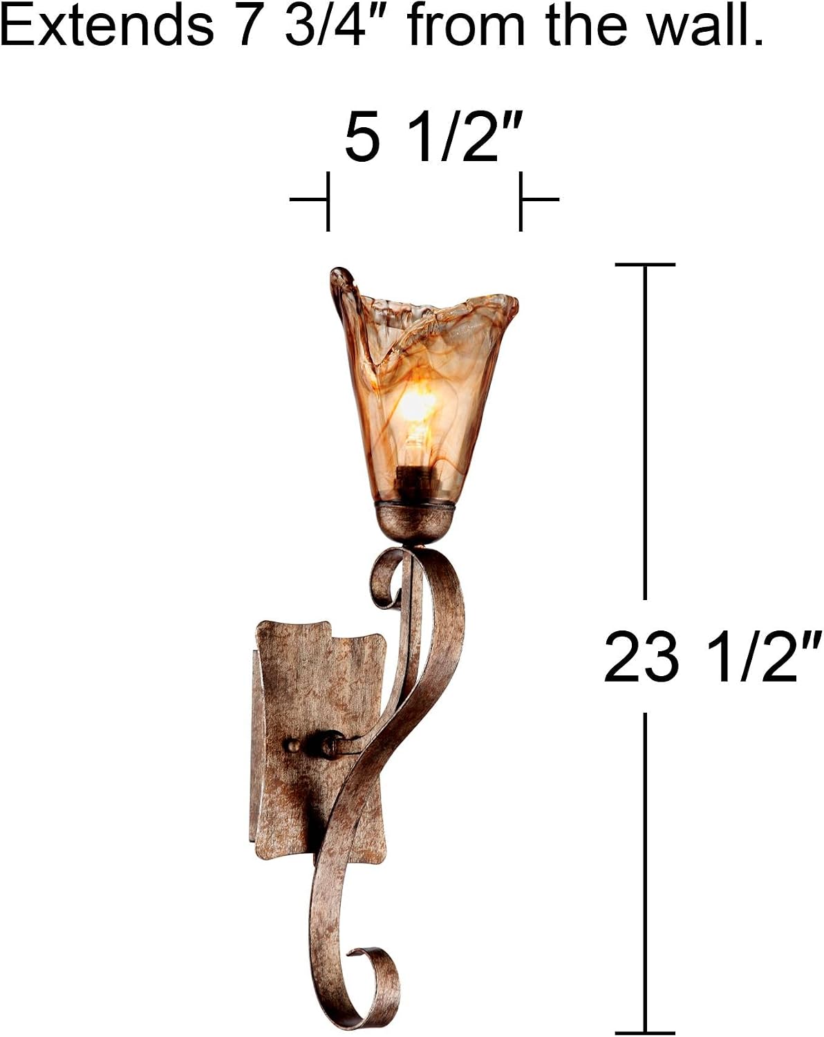 Franklin Iron Works Amber Scroll Rustic Wall Sconce Lighting Golden Bronze Metal Hardwired 23 1/2' High Fixture Amber Art Glass Cottage Core Decor for Bedroom Bathroom Bedside Home (Colors May Vary)